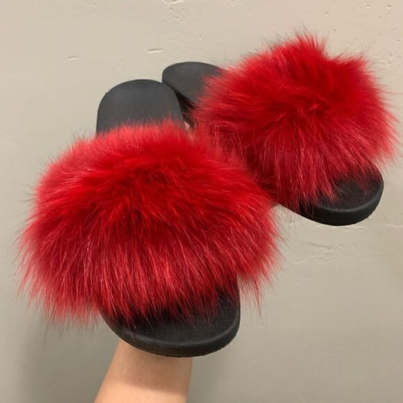 Handmade Red Fluffy Genuine Fox Fur Slippers, Soft Slide - Picture 2 of 12